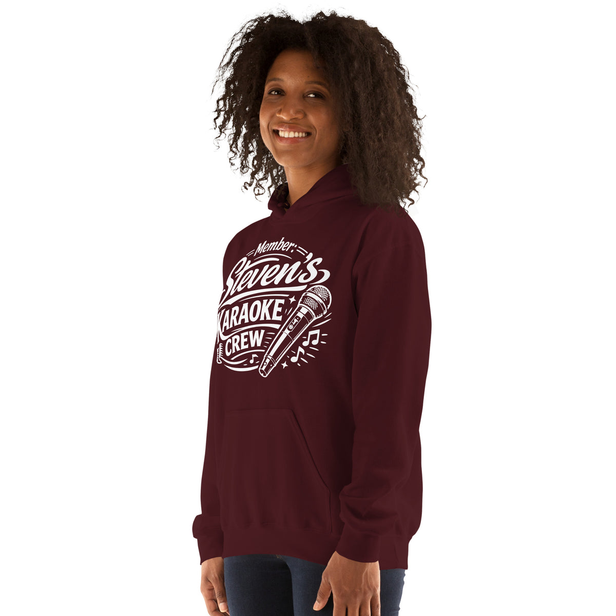 Maroon pullover hoodie, left-front angled view, featuring Steven's Karaoke Crew lettering and microphone graphic.