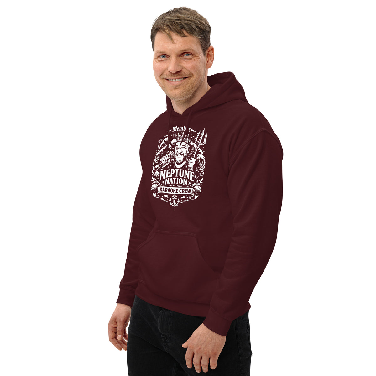 Maroon pullover hoodie, left-front angled view, featuring KJ Neptune's Neptune Nation nautical microphone and trident badge.