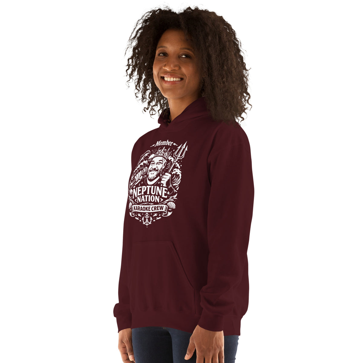 Maroon pullover hoodie, left-front angled view, featuring KJ Neptune's Neptune Nation nautical microphone and trident badge.