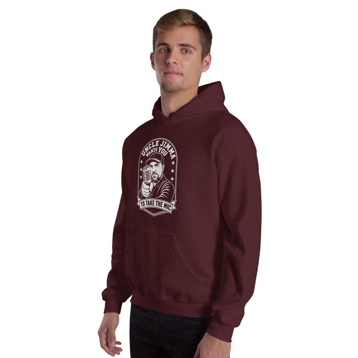 Maroon pullover hoodie, left-front angled view, featuring Uncle Jimma Wants You to Take the Mic pointing portrait and microphone.