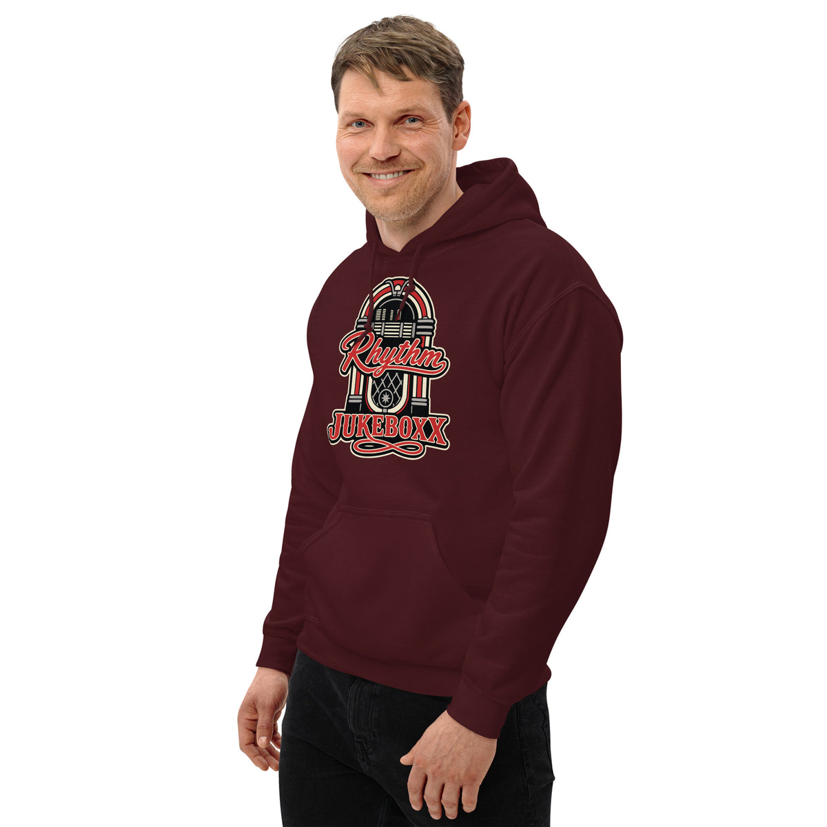 Maroon pullover hoodie, left-front angled view, featuring Rhythm Jukeboxx red-and-cream retro jukebox graphic.