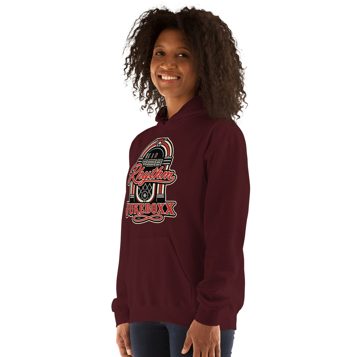 Maroon pullover hoodie, left-front angled view, featuring Rhythm Jukeboxx red-and-cream retro jukebox graphic.