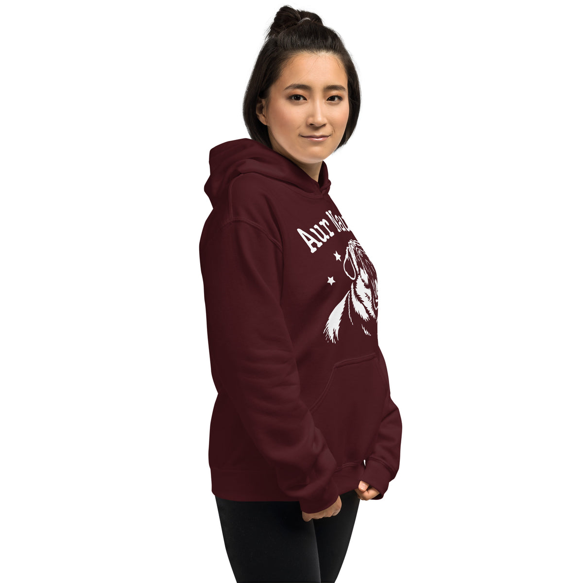 Maroon pullover hoodie, right-front angled view, featuring Aur Naur white pug portrait and star-accented lettering.