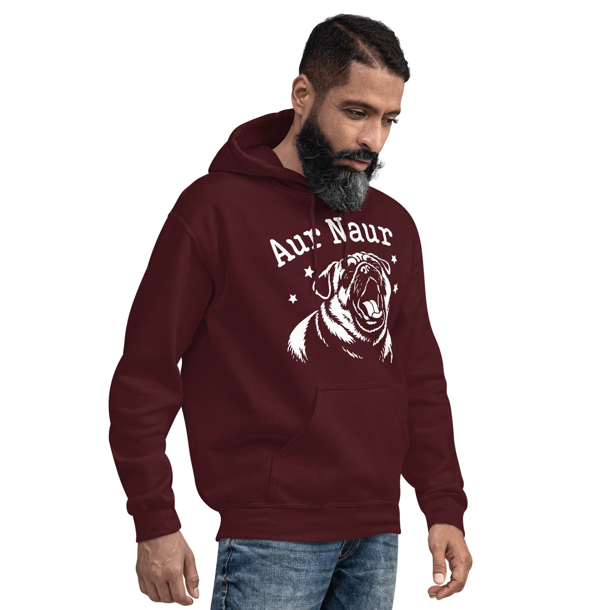 Maroon pullover hoodie, right-front angled view, featuring Aur Naur white pug portrait and star-accented lettering.