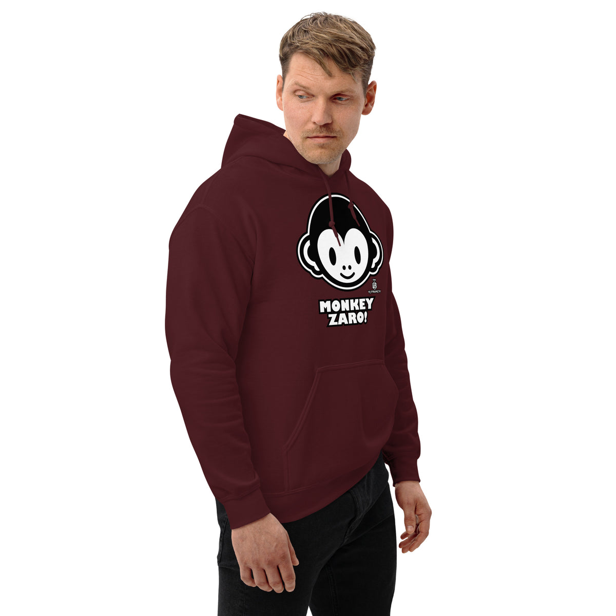Maroon pullover hoodie, right-front angled view, featuring Monkey Zaro! white cartoon monkey face and lettering.