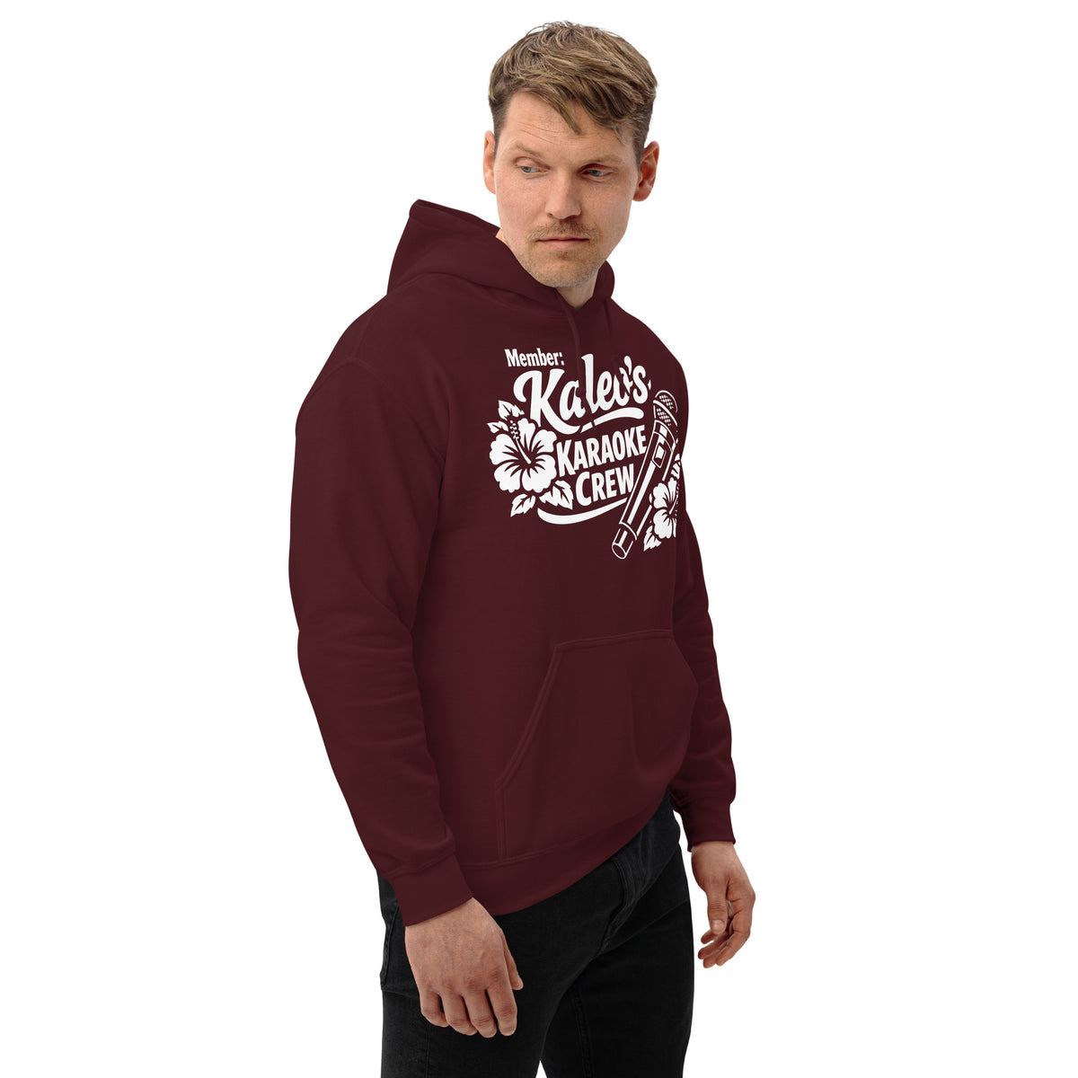 Maroon pullover hoodie, right-front angled view, featuring Kaleo's Karaoke Crew lettering, microphone, and hibiscus flowers.