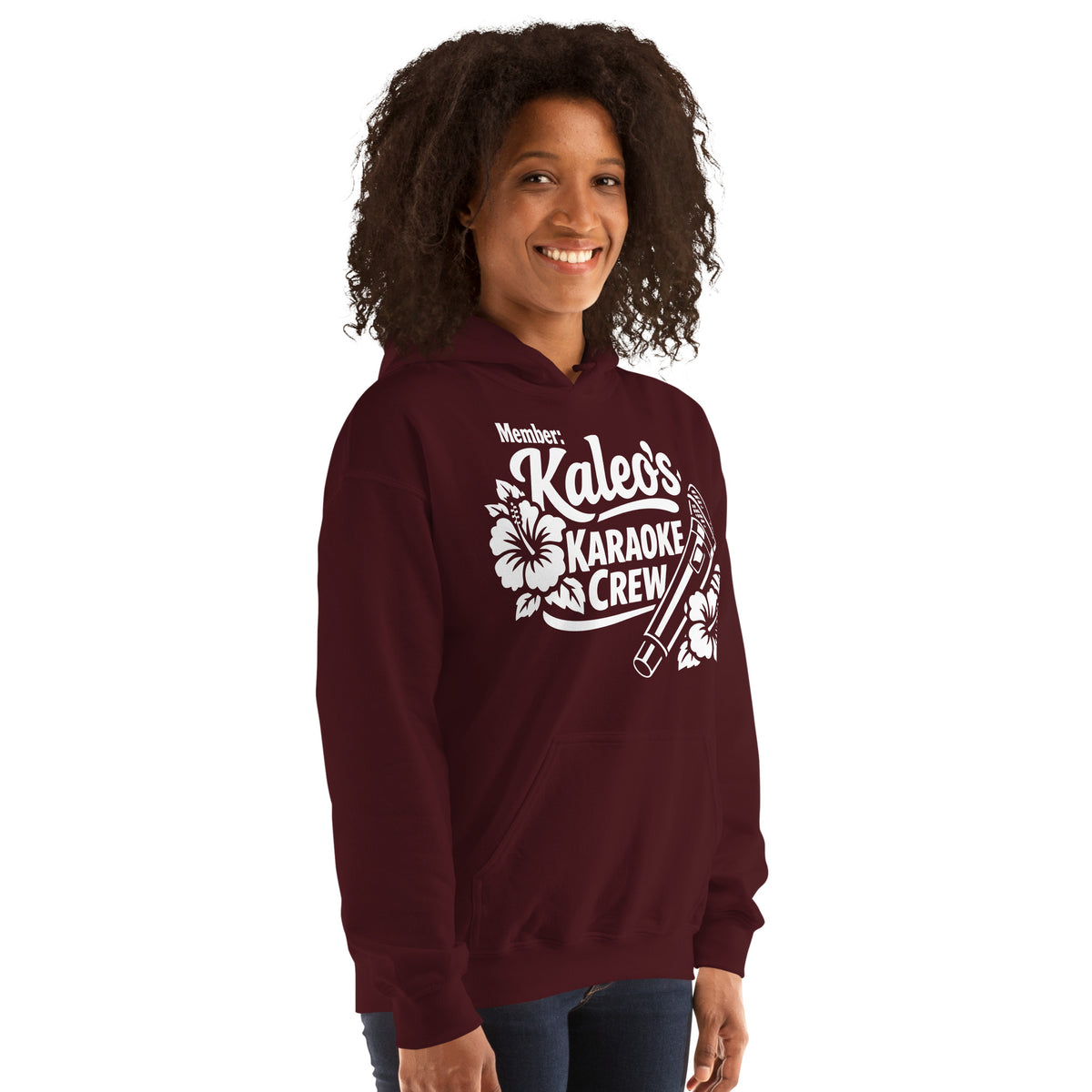 Maroon pullover hoodie, right-front angled view, featuring Kaleo's Karaoke Crew lettering, microphone, and hibiscus flowers.
