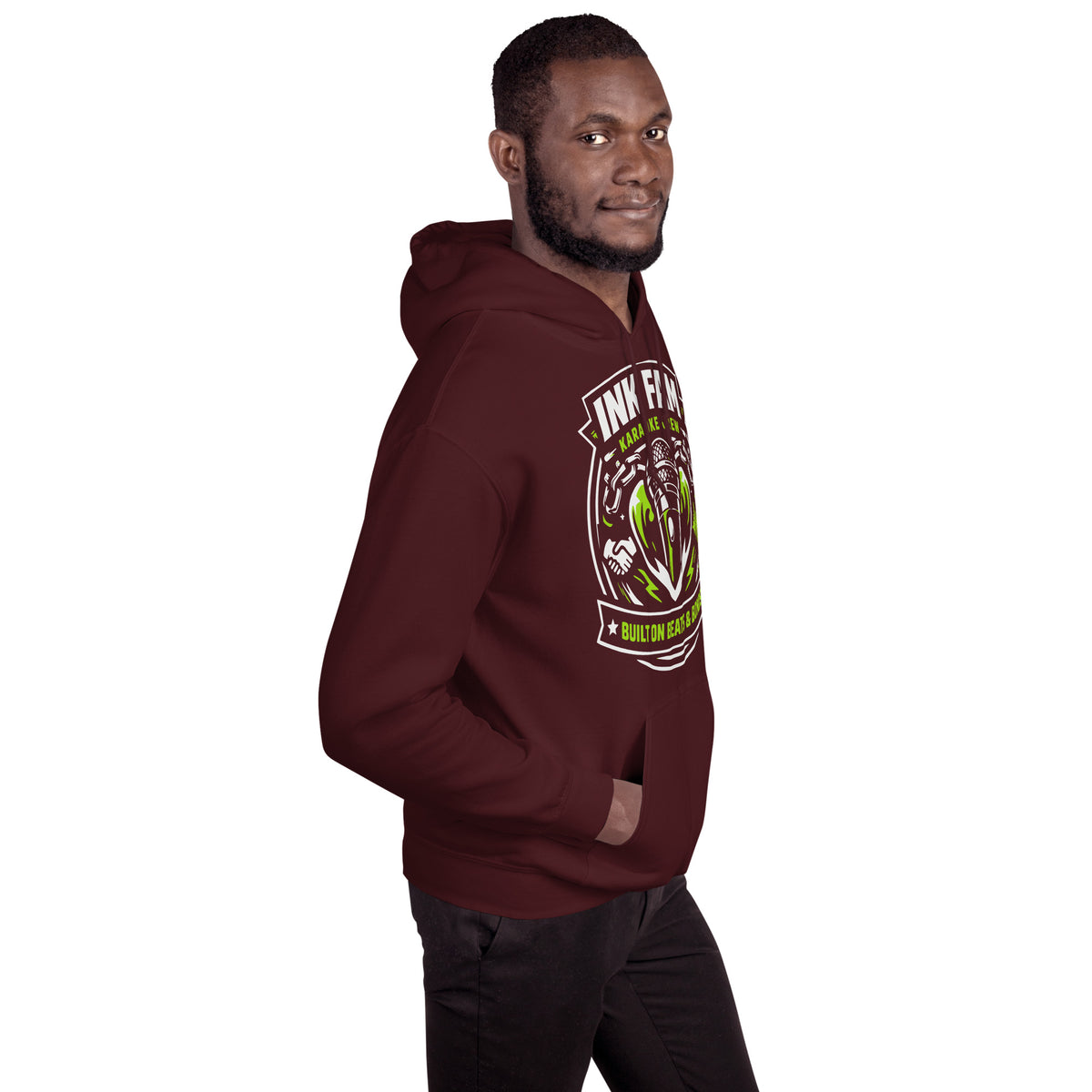 Maroon pullover hoodie, right-front angled view, featuring DJ Ink Beats & Bonds shield with a microphone and green-and-white lettering.