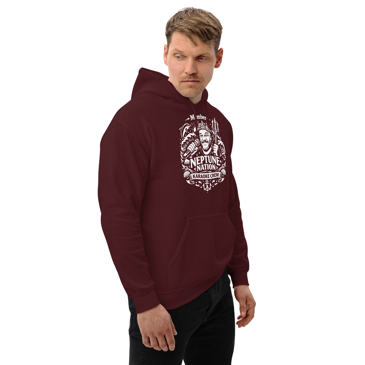 Maroon pullover hoodie, right-front angled view, featuring KJ Neptune's Neptune Nation nautical microphone and trident badge.