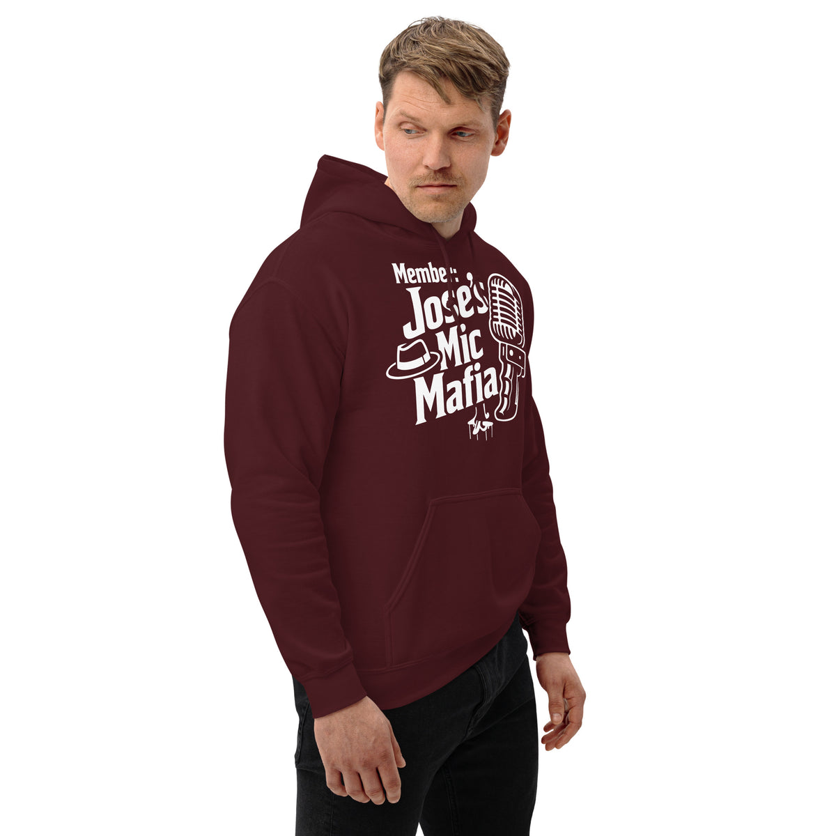 Maroon pullover hoodie, right-front angled view, featuring Jose's Mic Mafia microphone and fedora design.