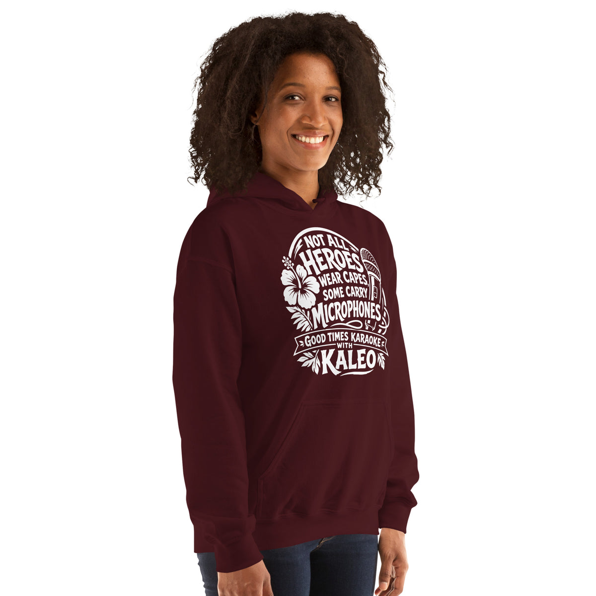 Maroon pullover hoodie, right-front angled view, featuring Kaleo's Karaoke Heroes 'Not All Heroes Wear Capes, Some Carry Microphones' graphic.