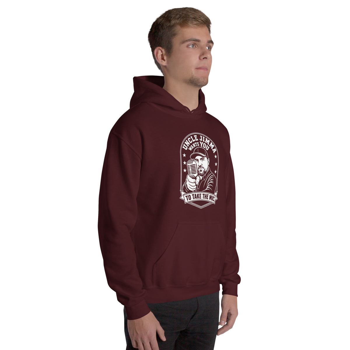 Maroon pullover hoodie, right-front angled view, featuring Uncle Jimma Wants You to Take the Mic pointing portrait and microphone.