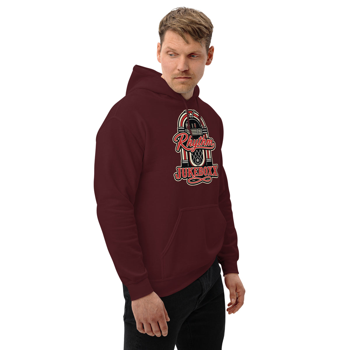 Maroon pullover hoodie, right-front angled view, featuring Rhythm Jukeboxx red-and-cream retro jukebox graphic.