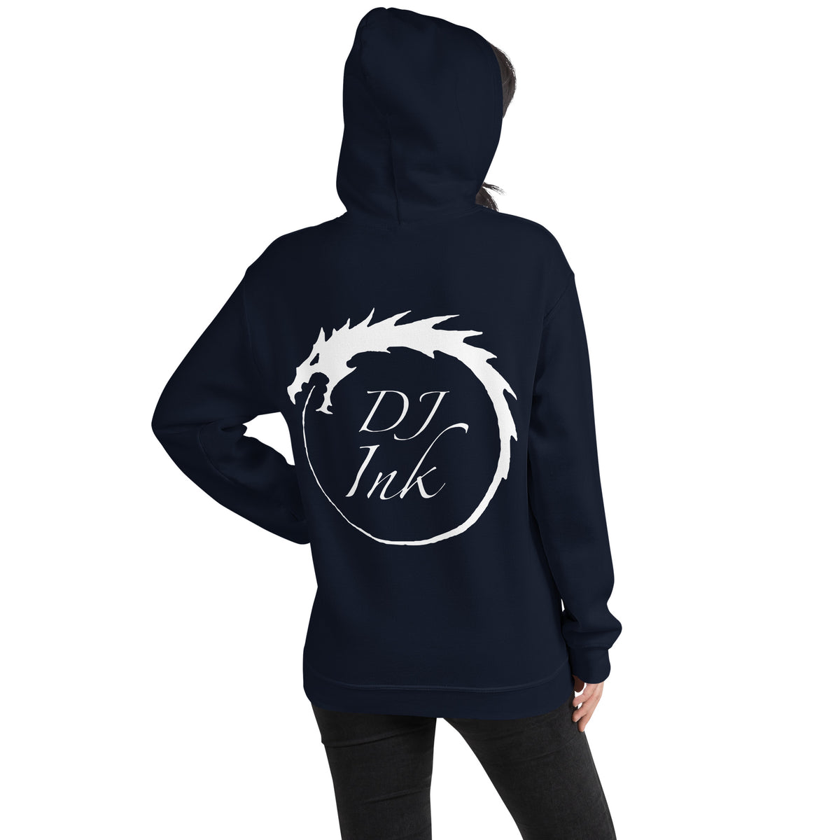 Navy pullover hoodie, back view, for the DJ Ink white Ouroboros dragon-circle logo.