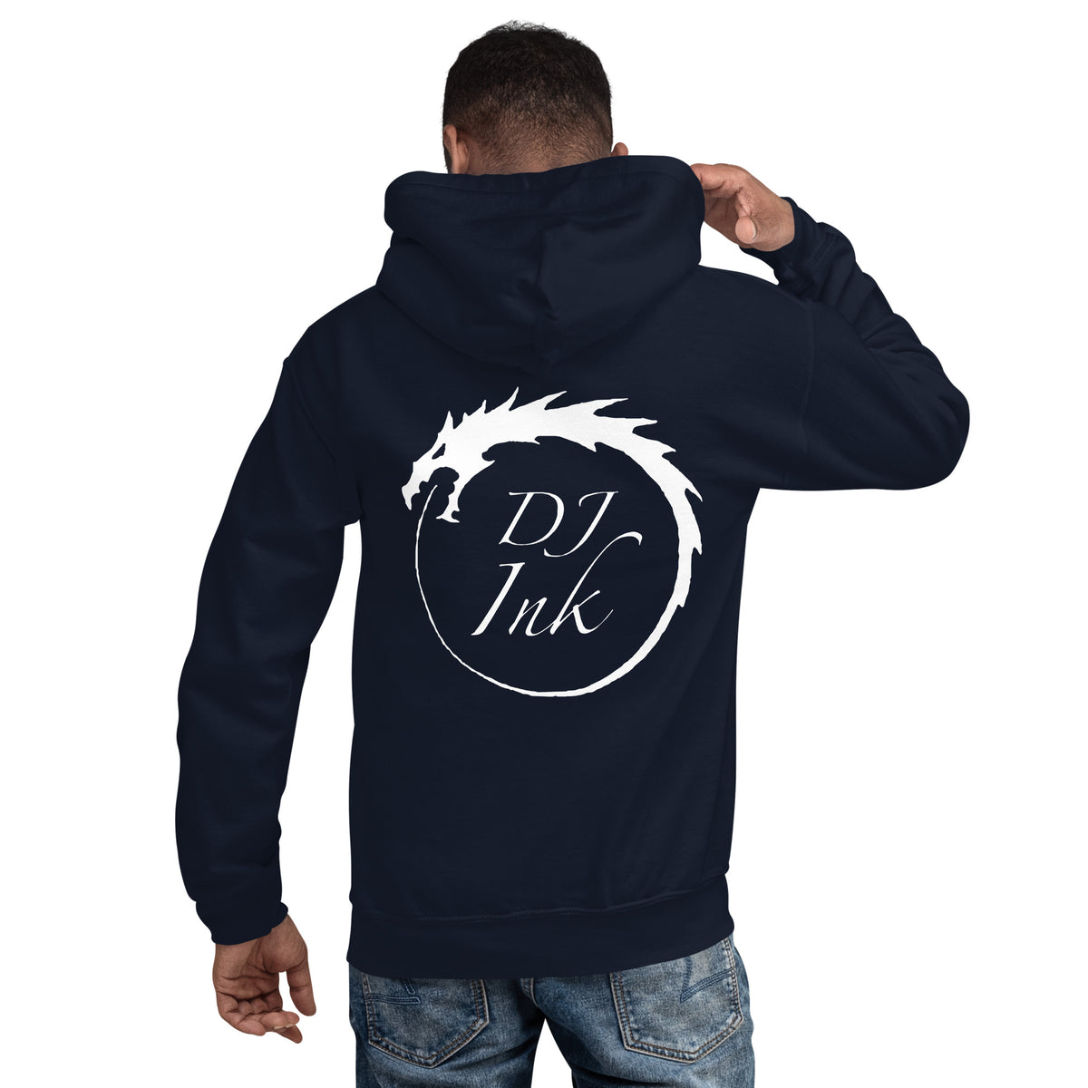 Navy pullover hoodie, back view, for the DJ Ink white Ouroboros dragon-circle logo.