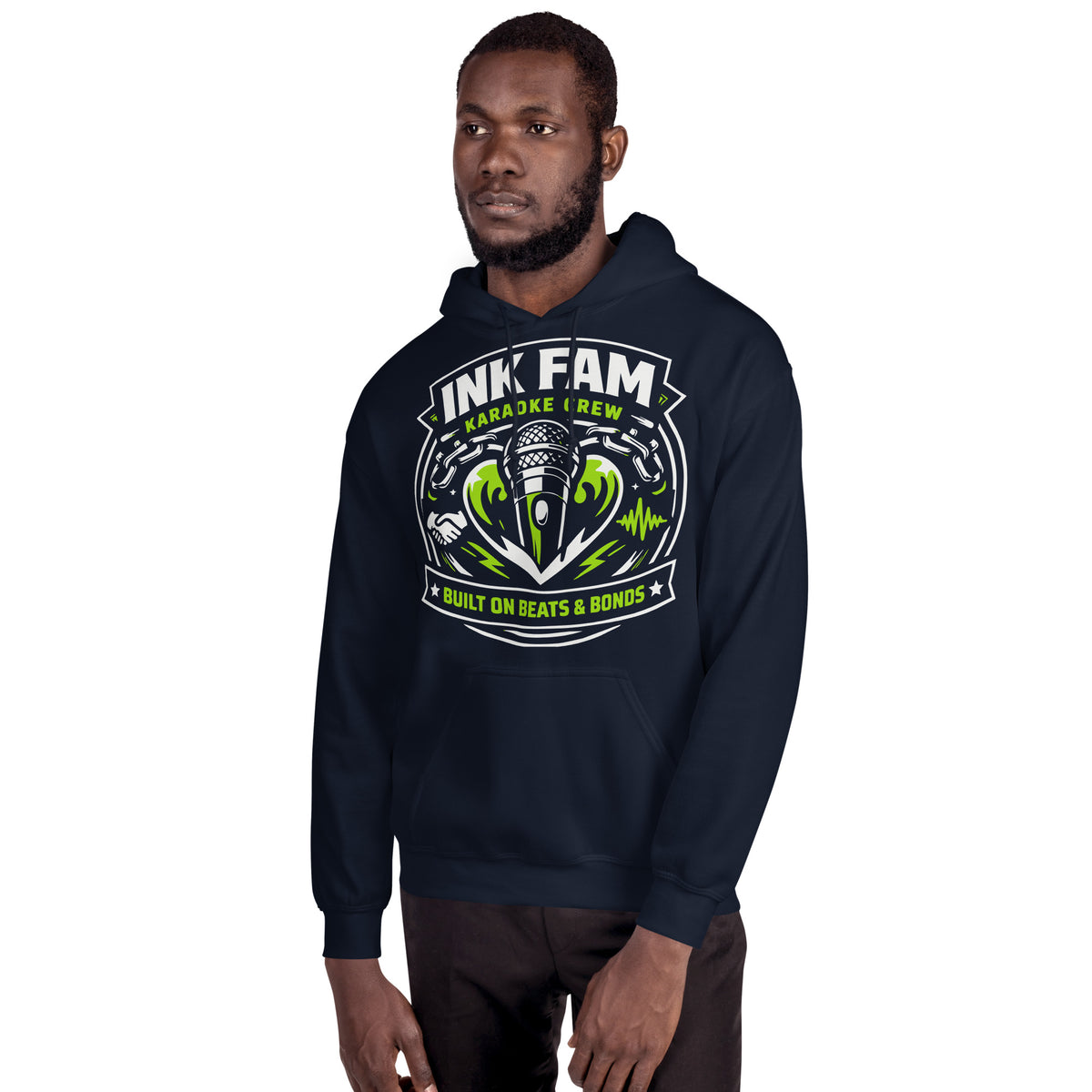 Navy pullover hoodie, alternate front view, featuring DJ Ink Beats & Bonds shield with a microphone and green-and-white lettering.