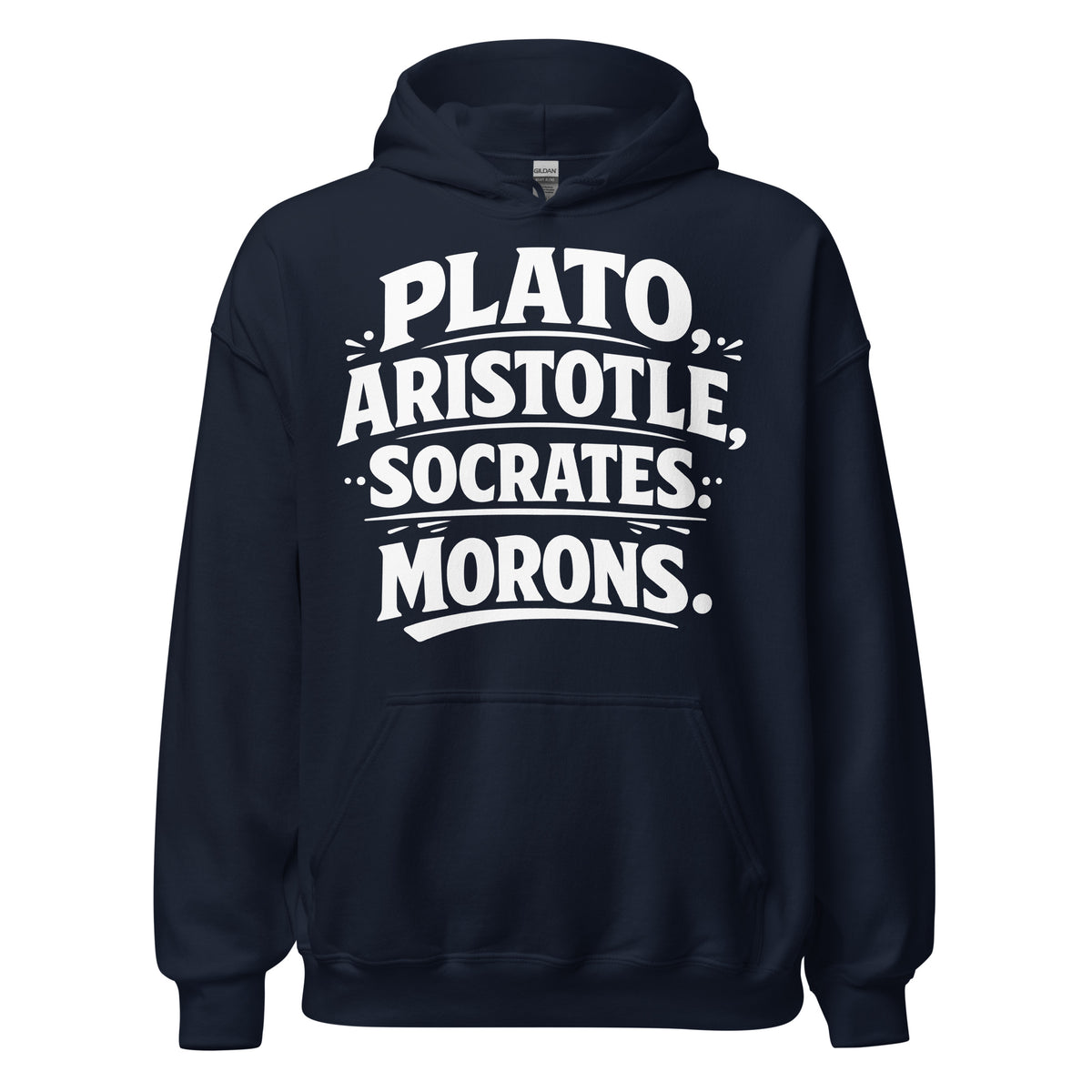 Navy pullover hoodie, front view, featuring the Classical Thinkers design
