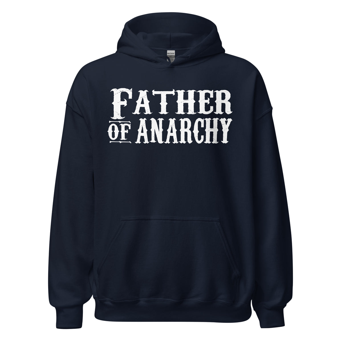 Navy pullover hoodie, front view, featuring the Father of Anarchy Hoodie design