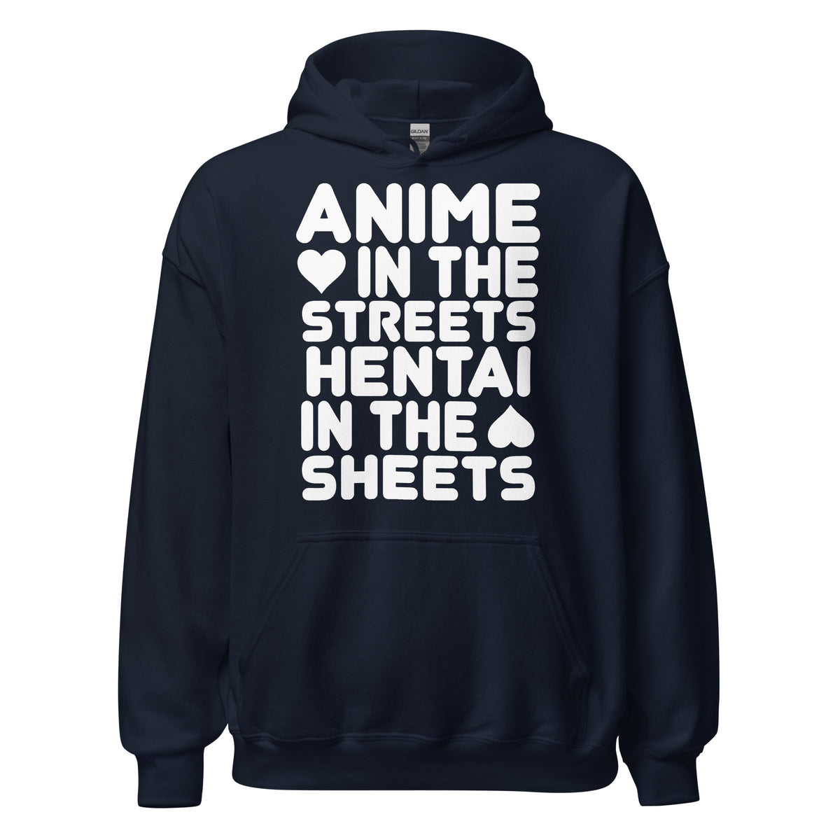 Navy pullover hoodie, front view, featuring the Anime in the Streets / Hentai in the Sheets Hoodie design