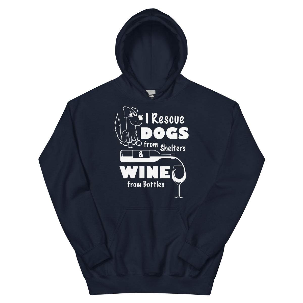 Navy pullover hoodie, front view, featuring the Saving Dogs and Sipping Wine design