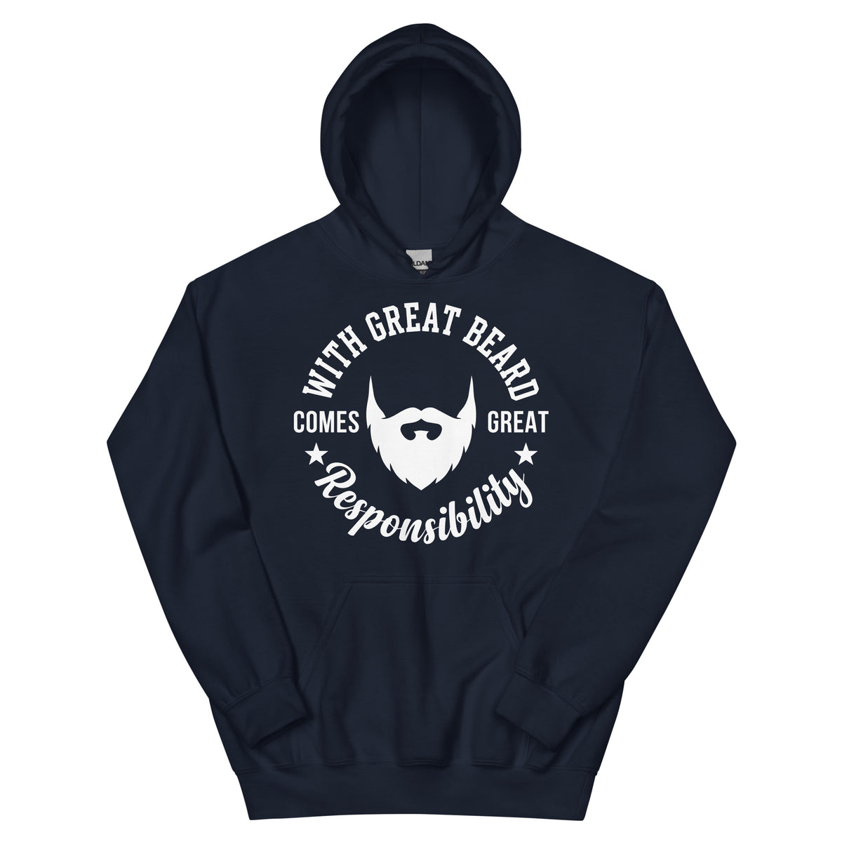 Navy pullover hoodie, front view, featuring the With Great Beard Comes Great Responsibility design