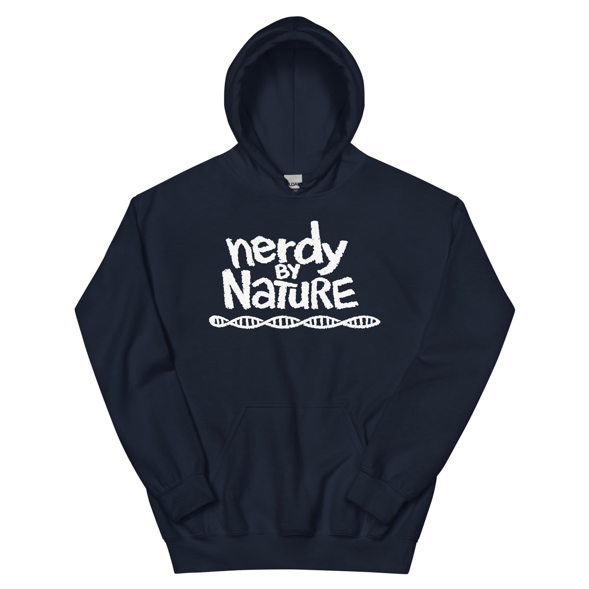 Navy pullover hoodie, front view, featuring the Nerdy By Nature design