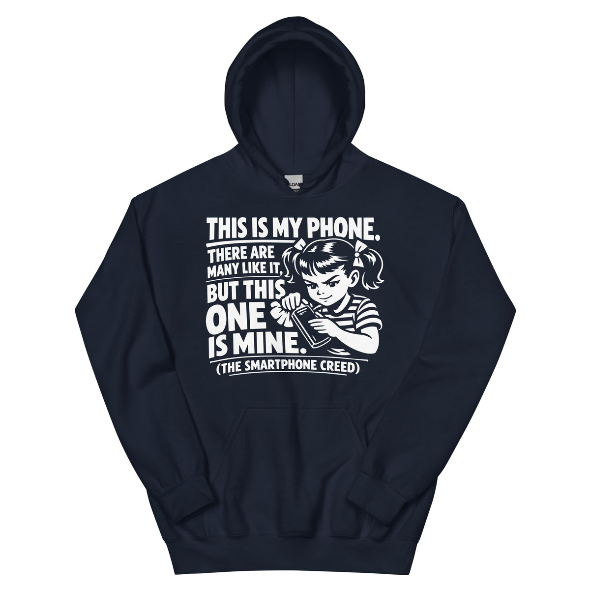 Navy pullover hoodie, front view, showing a mockup for Smartphone Creed retro woman holding a phone and statement lettering.
