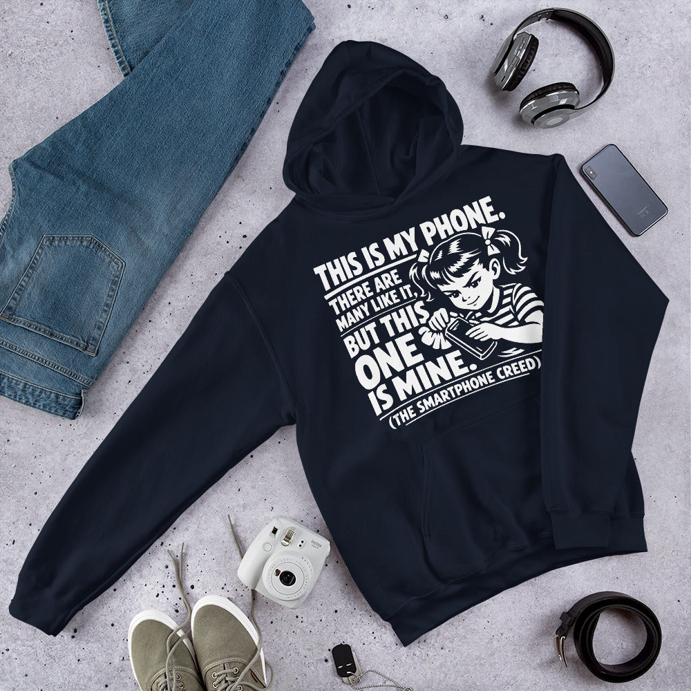 Navy pullover hoodie, front view, showing a mockup for Smartphone Creed retro woman holding a phone and statement lettering.