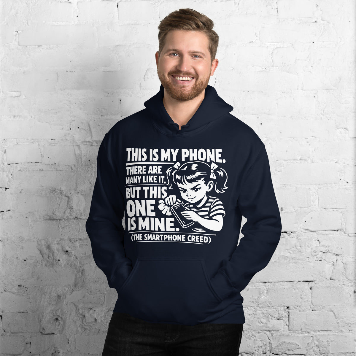 Navy pullover hoodie, front view, showing a mockup for Smartphone Creed retro woman holding a phone and statement lettering.