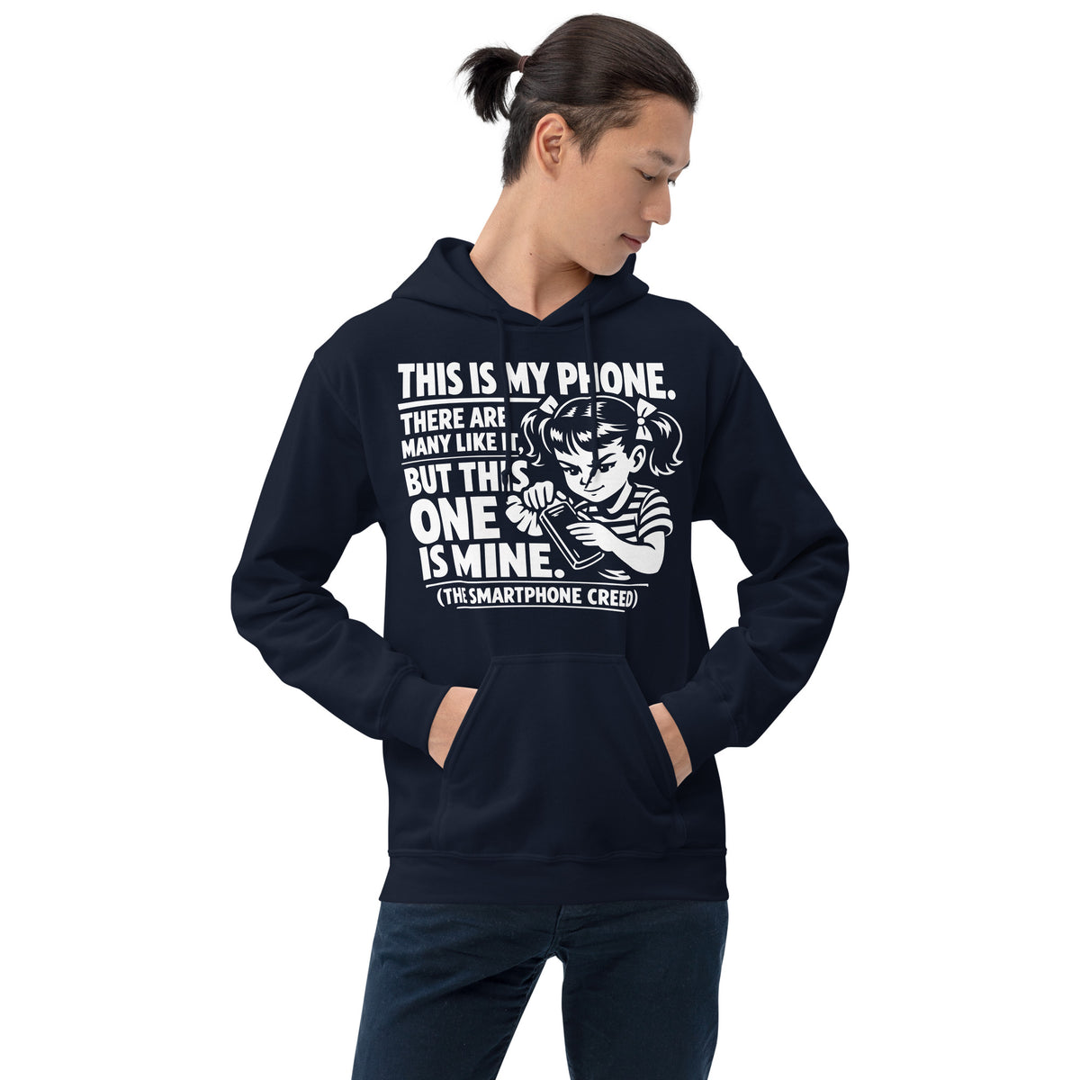 Navy pullover hoodie, front view, showing a mockup for Smartphone Creed retro woman holding a phone and statement lettering.