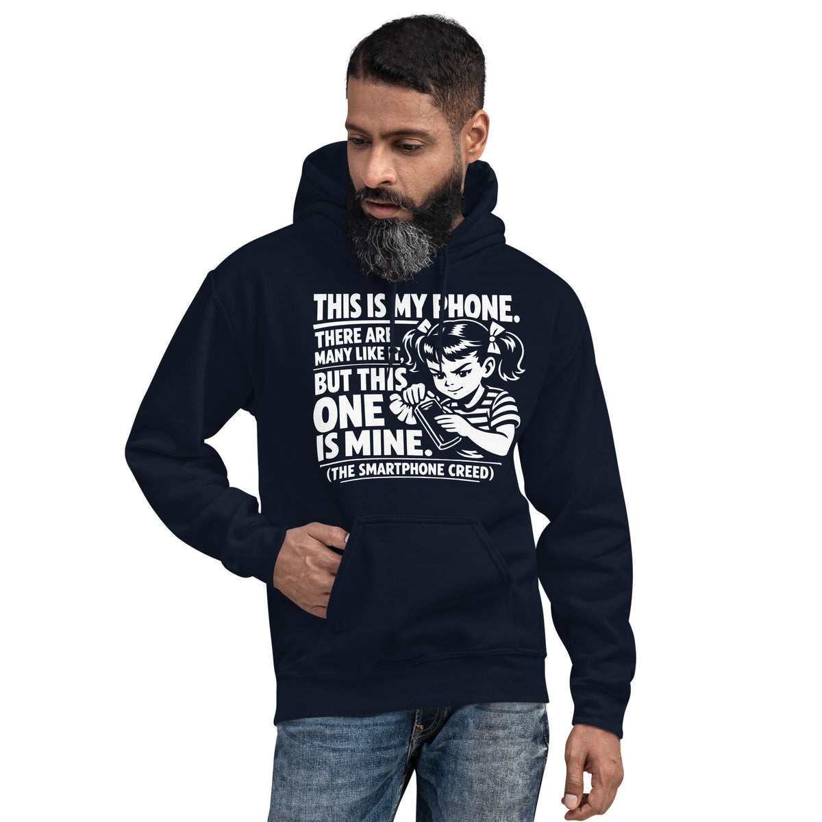 Navy pullover hoodie, front view, showing a mockup for Smartphone Creed retro woman holding a phone and statement lettering.
