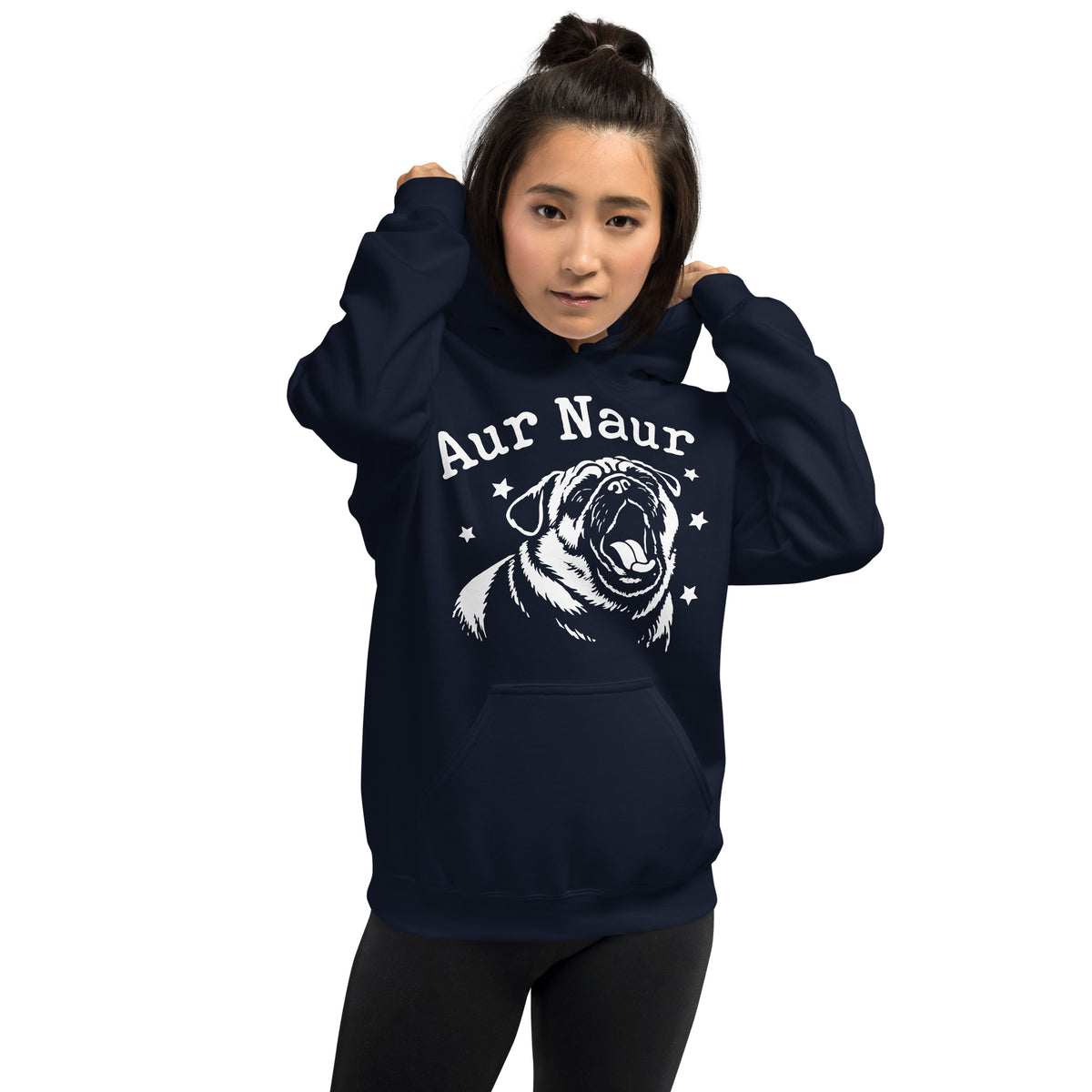 Navy pullover hoodie, front view, featuring Aur Naur white pug portrait and star-accented lettering.