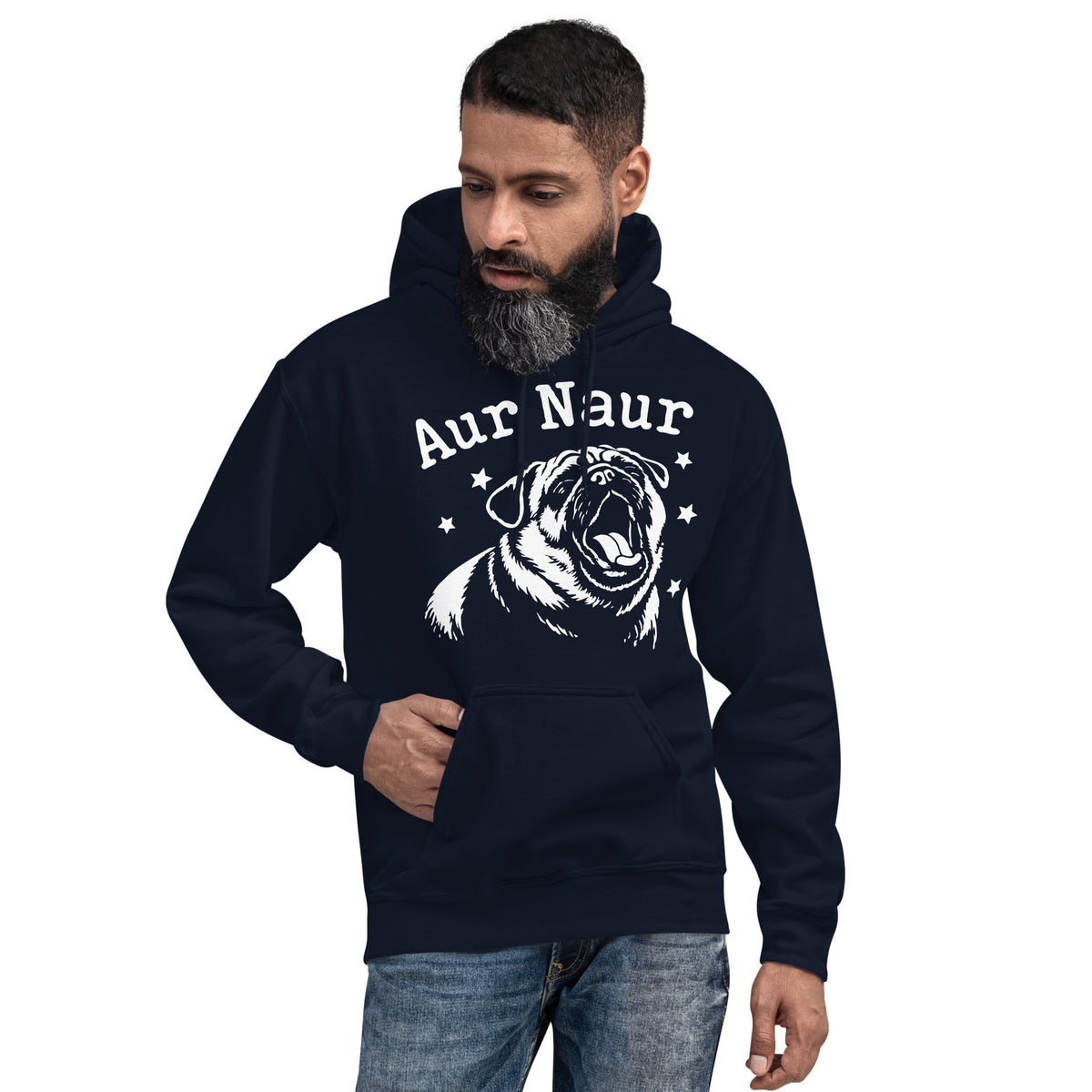 Navy pullover hoodie, front view, featuring Aur Naur white pug portrait and star-accented lettering.
