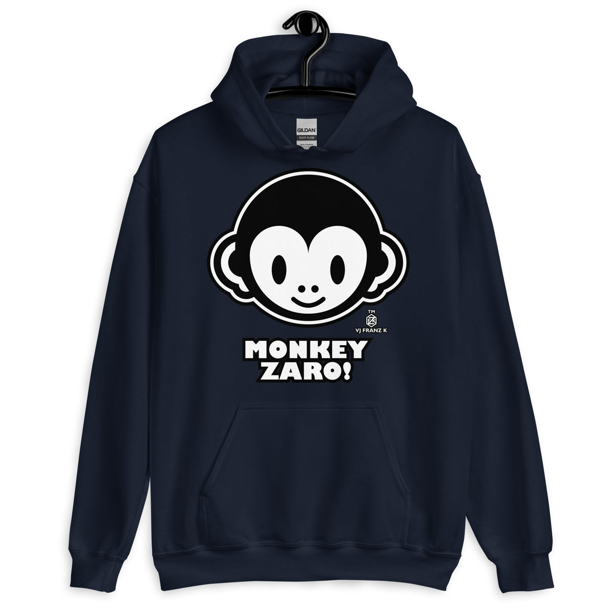 Navy pullover hoodie, front view, featuring Monkey Zaro! white cartoon monkey face and lettering.