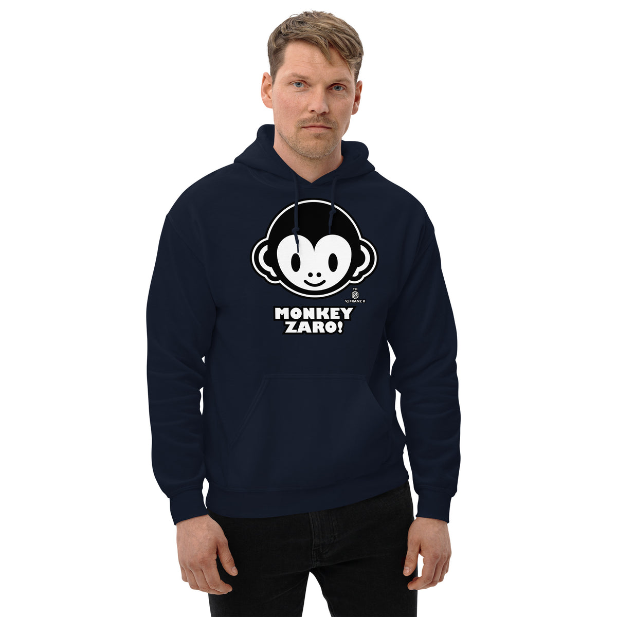 Navy pullover hoodie, front view, featuring Monkey Zaro! white cartoon monkey face and lettering.