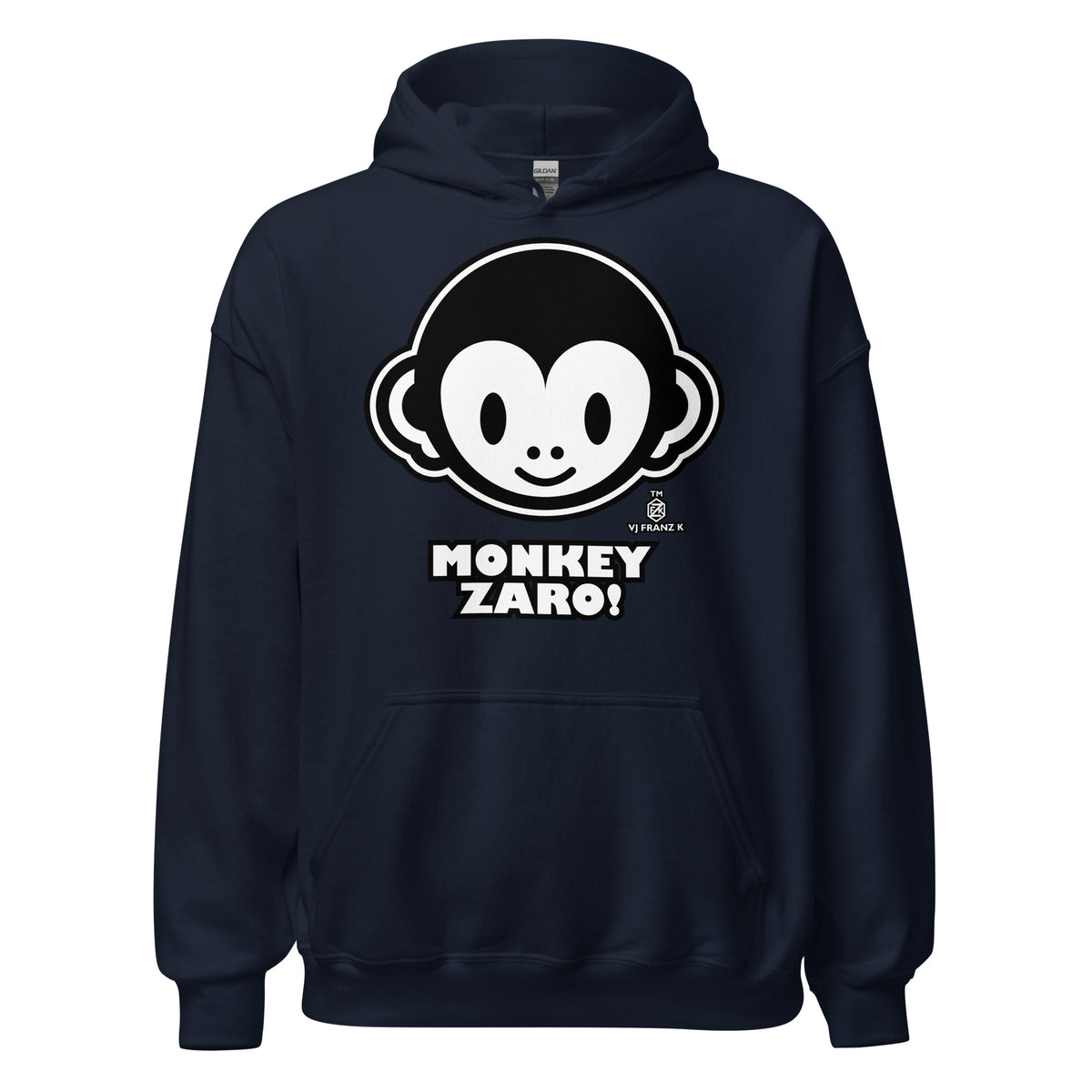 Navy pullover hoodie, front view, featuring Monkey Zaro! white cartoon monkey face and lettering.