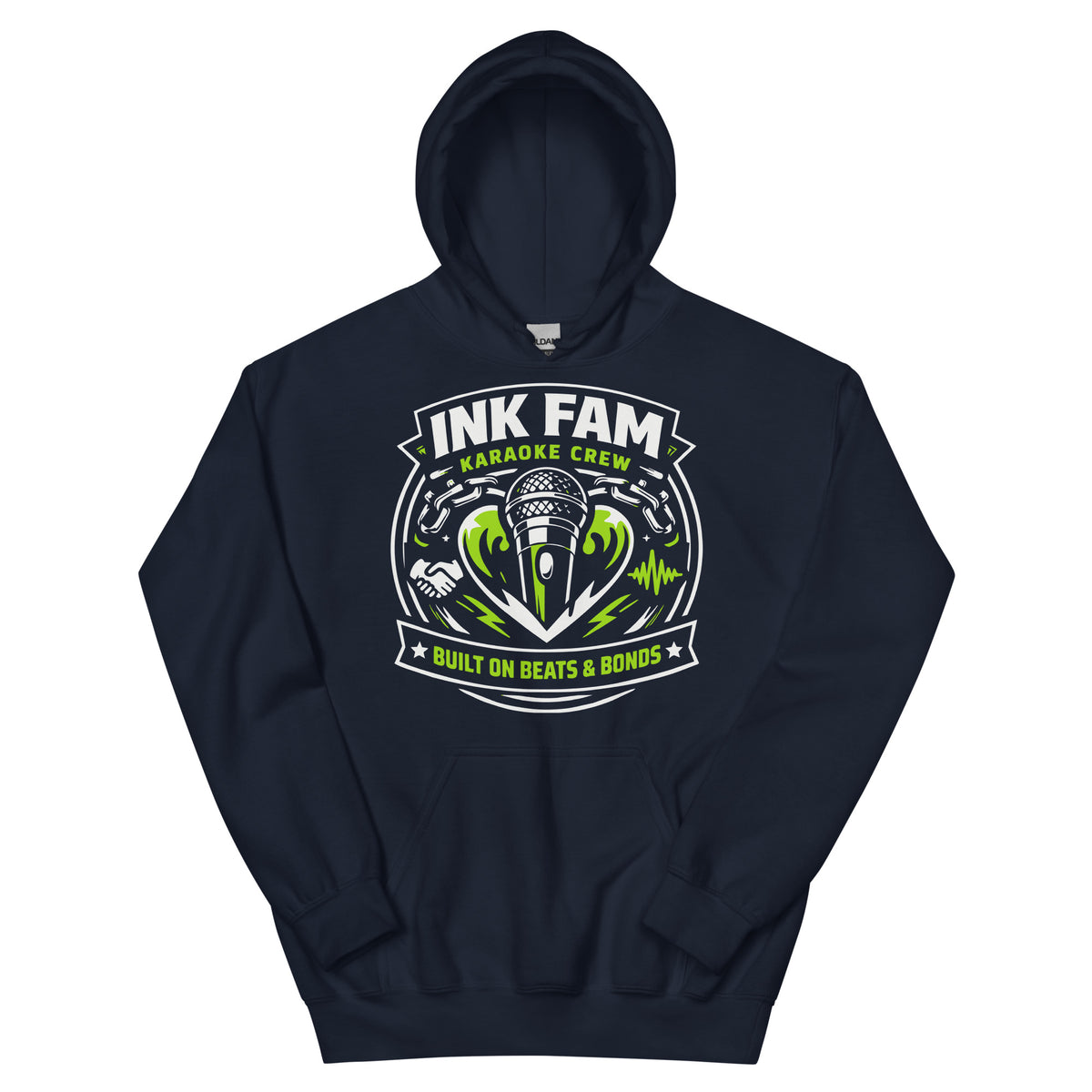 Navy pullover hoodie, front view, featuring DJ Ink Beats & Bonds shield with a microphone and green-and-white lettering.