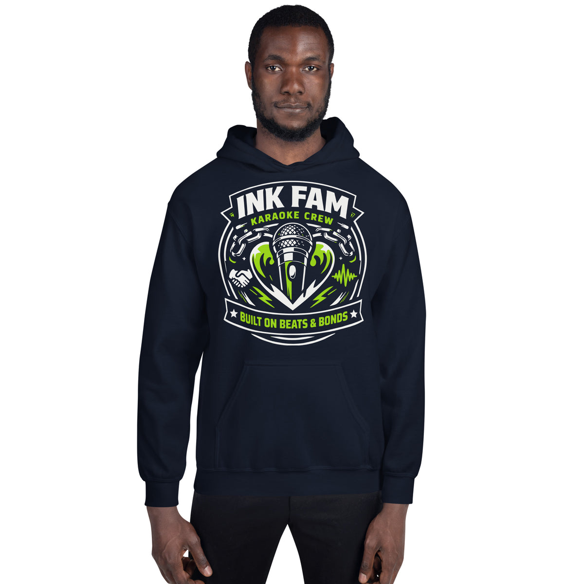 Navy pullover hoodie, front view, featuring DJ Ink Beats & Bonds shield with a microphone and green-and-white lettering.