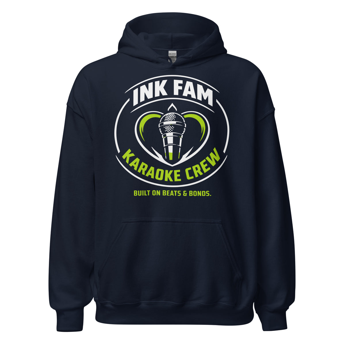 Navy pullover hoodie, front view, featuring the green-and-white circular DJ Ink Fam microphone badge.