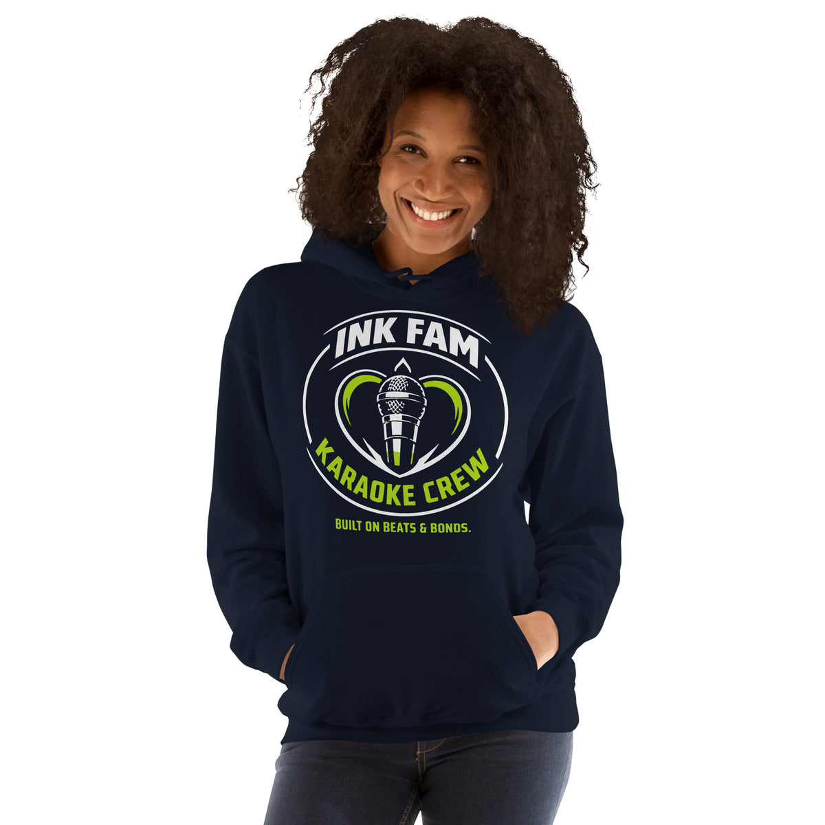 Navy pullover hoodie, front view, featuring the green-and-white circular DJ Ink Fam microphone badge.