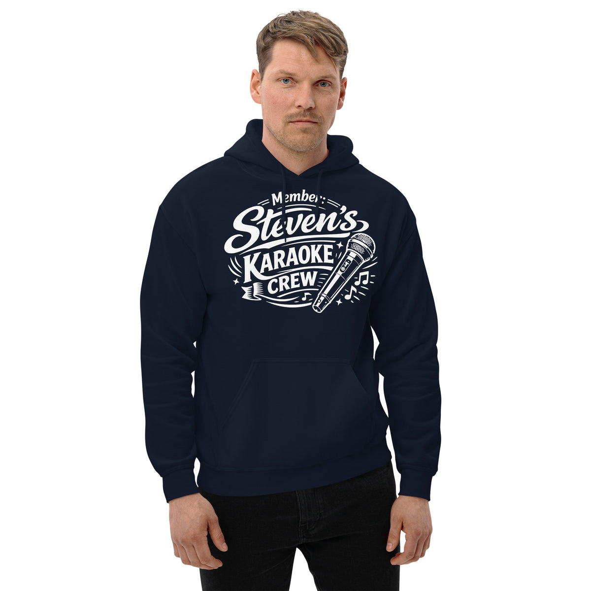 Navy pullover hoodie, front view, featuring Steven's Karaoke Crew lettering and microphone graphic.
