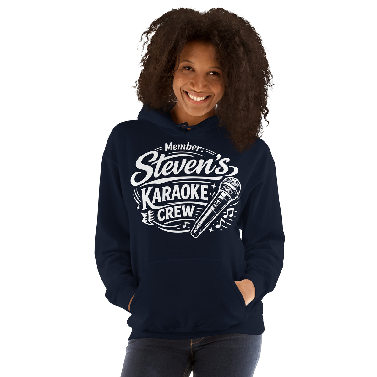 Navy pullover hoodie, front view, featuring Steven's Karaoke Crew lettering and microphone graphic.
