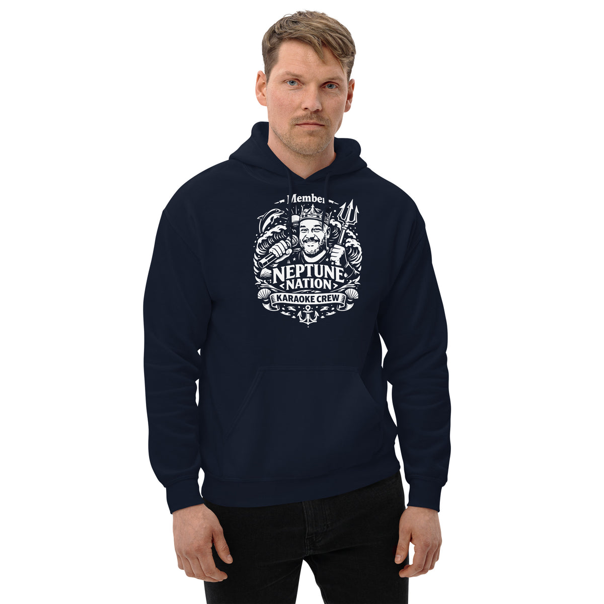 Navy pullover hoodie, front view, featuring KJ Neptune's Neptune Nation nautical microphone and trident badge.