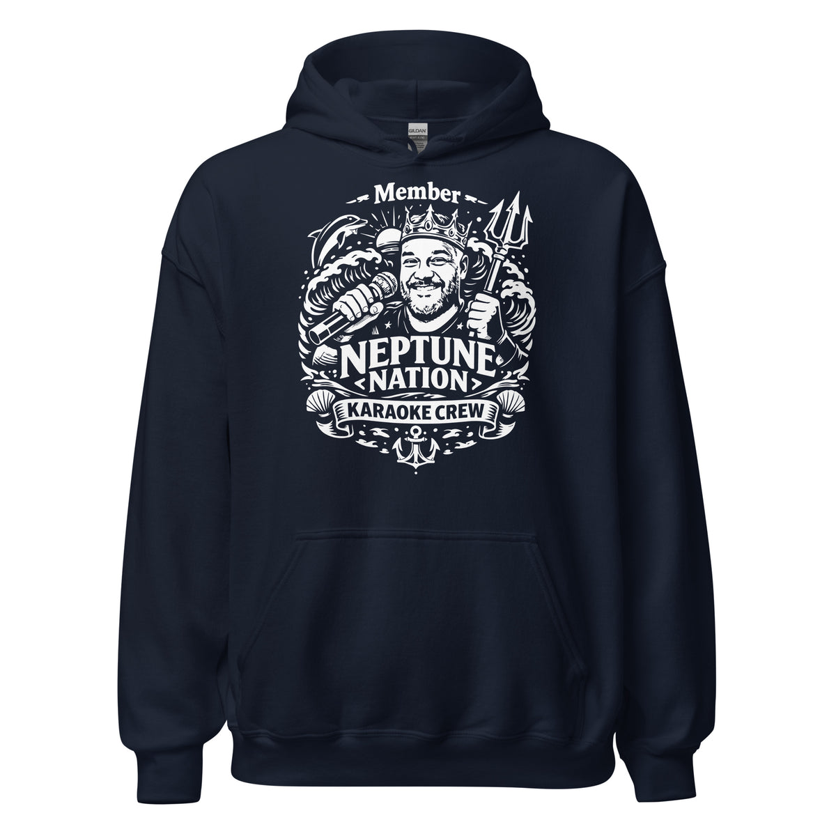 Navy pullover hoodie, front view, featuring KJ Neptune's Neptune Nation nautical microphone and trident badge.