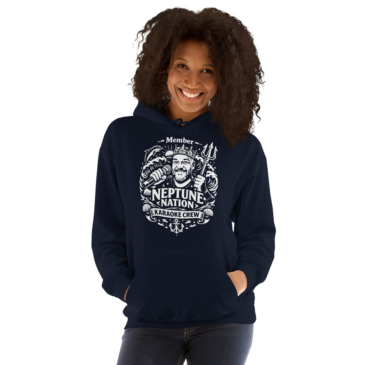 Navy pullover hoodie, front view, featuring KJ Neptune's Neptune Nation nautical microphone and trident badge.