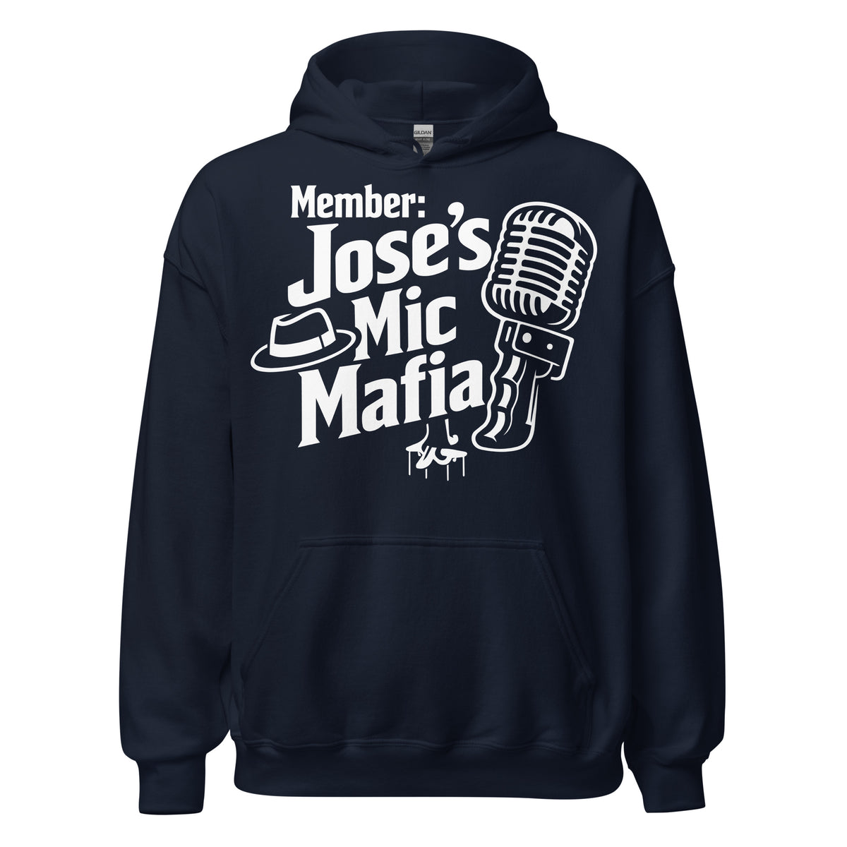 Navy pullover hoodie, front view, featuring Jose's Mic Mafia microphone and fedora design.