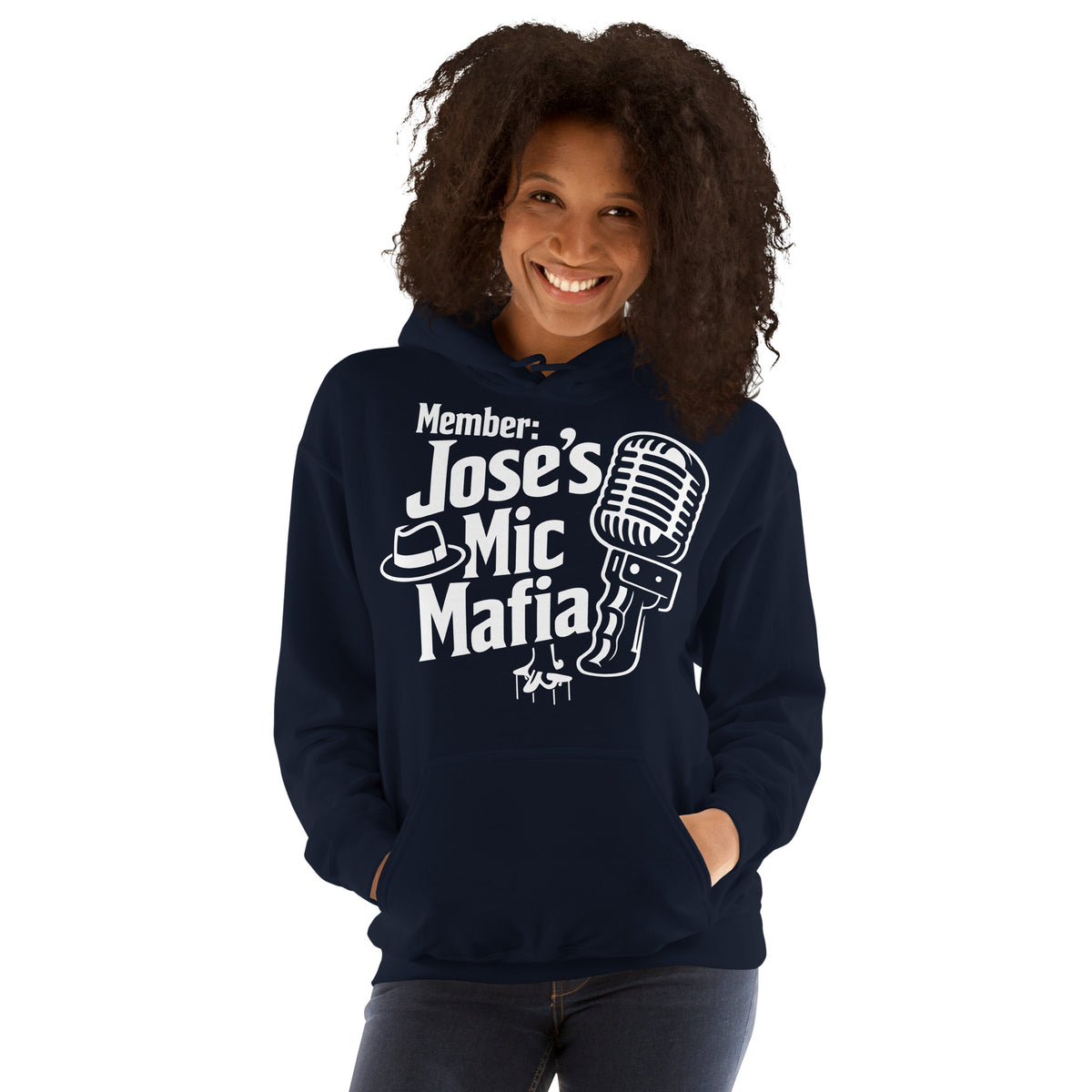 Navy pullover hoodie, front view, featuring Jose's Mic Mafia microphone and fedora design.