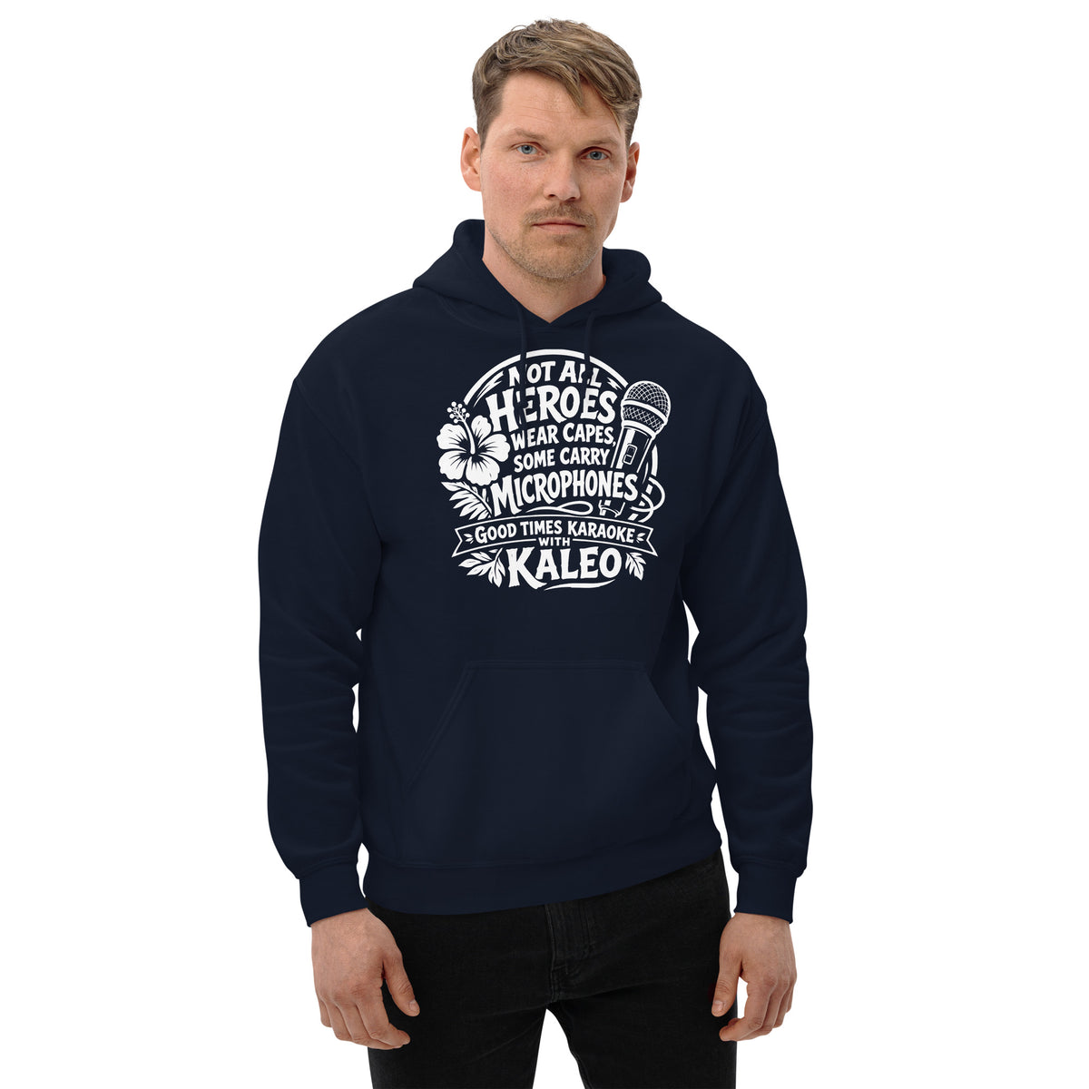 Navy pullover hoodie, front view, featuring Kaleo's Karaoke Heroes 'Not All Heroes Wear Capes, Some Carry Microphones' graphic.