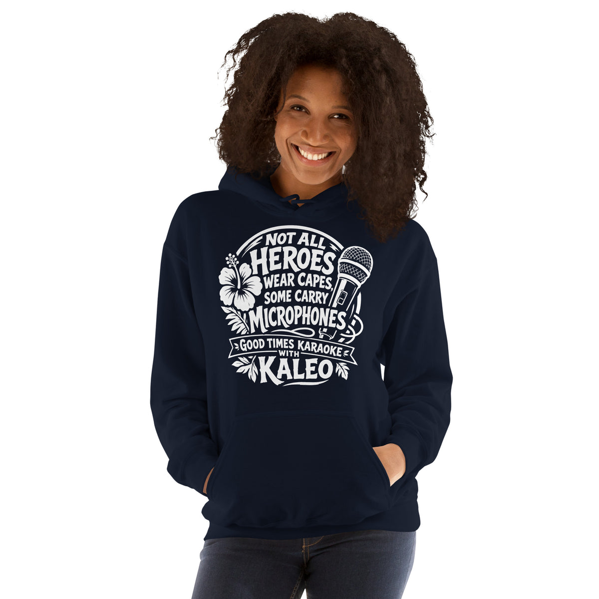 Navy pullover hoodie, front view, featuring Kaleo's Karaoke Heroes 'Not All Heroes Wear Capes, Some Carry Microphones' graphic.