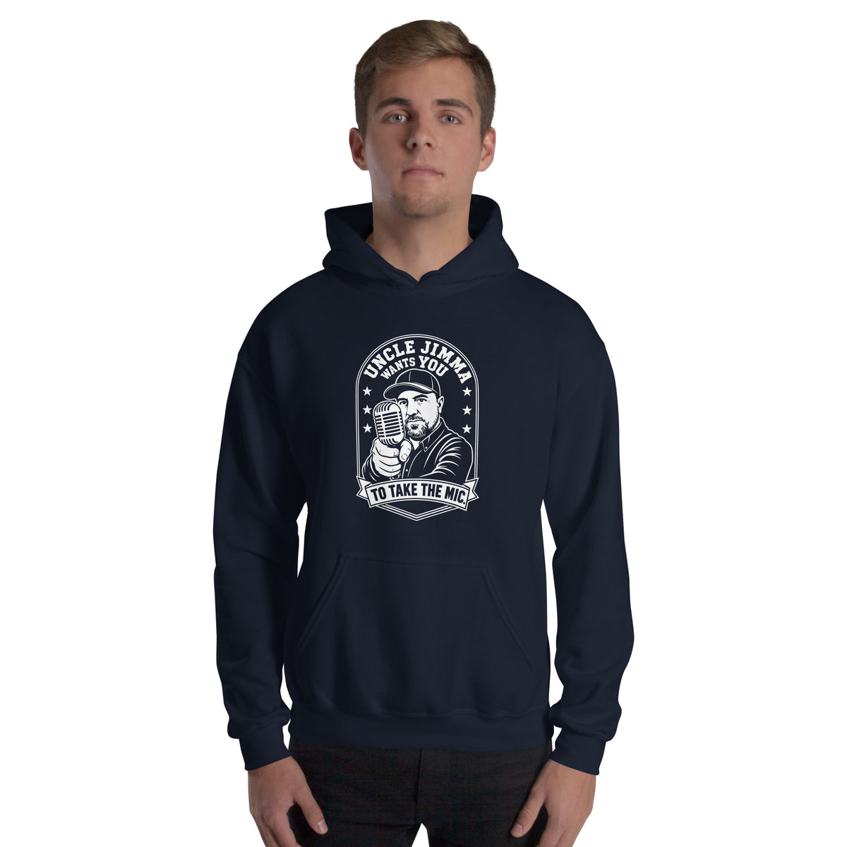 Navy pullover hoodie, front view, featuring Uncle Jimma Wants You to Take the Mic pointing portrait and microphone.